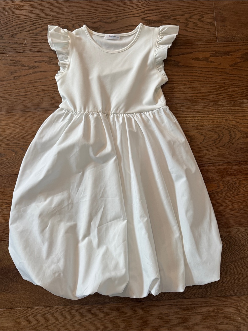 White Ruffle Sleeve Bubble Hem Kids Dress